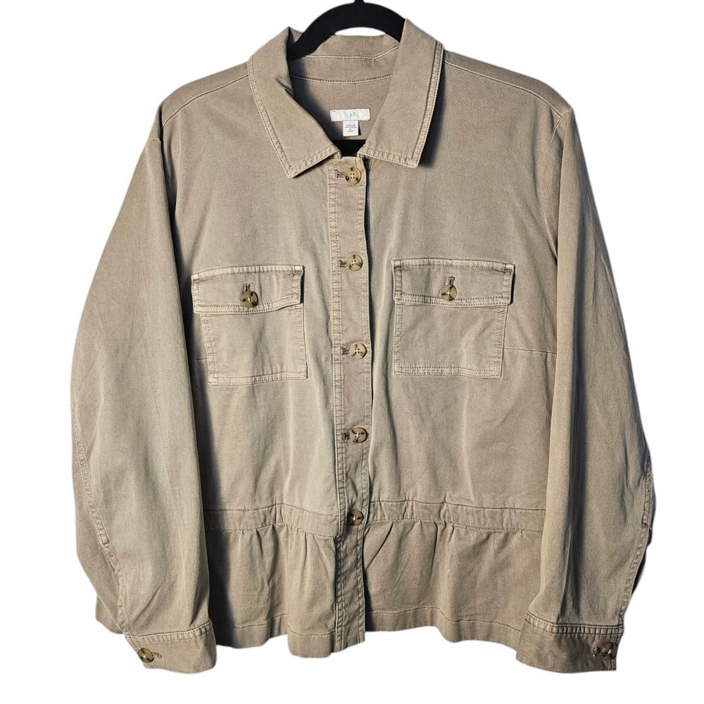 J Jill XL Petite Beige Jacket‎ Canvass Button Up Collar Patch Pockets Peplum ~